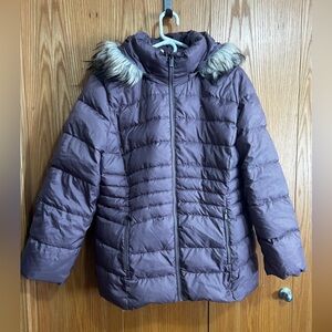 Women's Purple Puffer Jacket with Faux Fur Hood